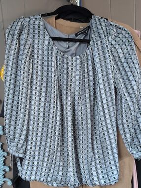 Sara Michelle Geometric Pleated Blouse - Gray & Purple Accent